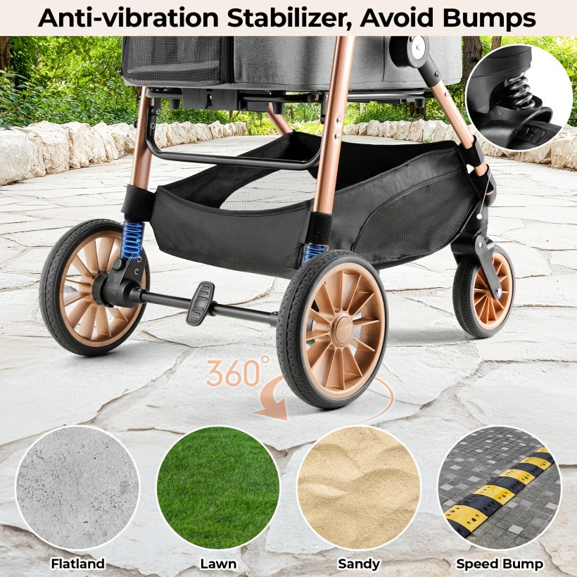Dierenwagen – Huisdier Stroller – Kattenwagen – Hondenwagen – Draagmand – 25 kg Capaciteit – 4 Schokabsorberende Wielen – Champagne Golden Black