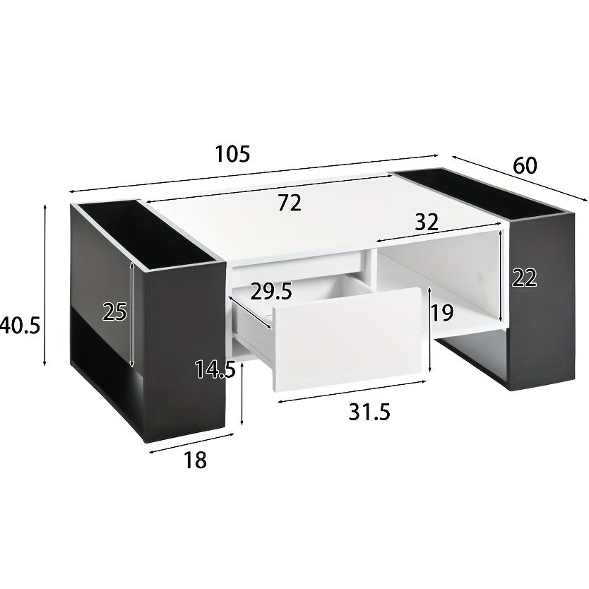 Salontafel – Koffietafel – Tafel – Woonkamertafel – Tafeltje – Modern Design – Hoogglans Zwart-Wit – 105x60x40,5 cm – Hardhout – 2 Lades & 4 Open Vakken