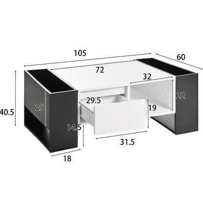 Salontafel – Koffietafel – Tafel – Woonkamertafel – Tafeltje – Modern Design – Hoogglans Zwart-Wit – 105x60x40,5 cm – Hardhout – 2 Lades & 4 Open Vakken