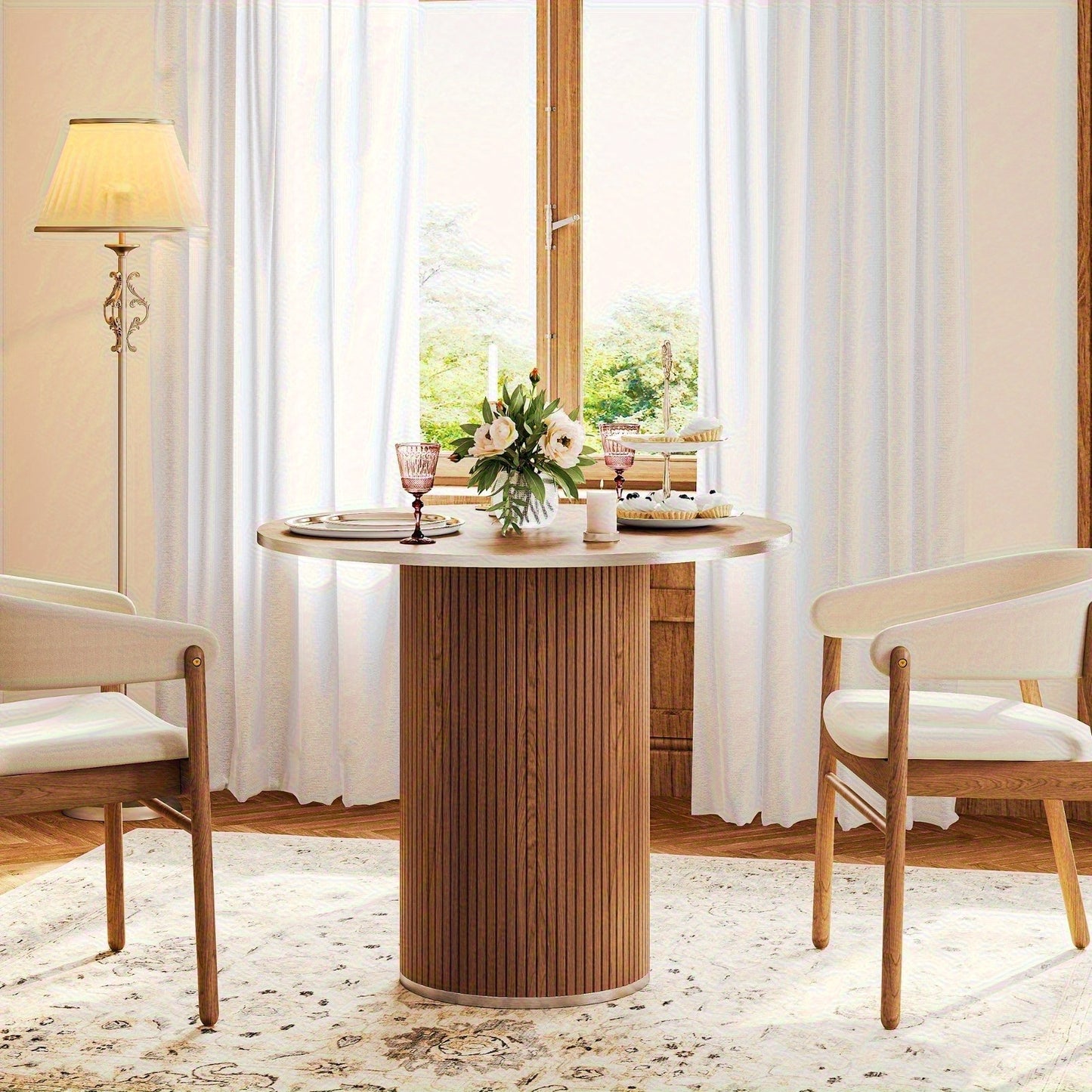 Salontafel – Koffietafel – Bijzettafel – Woonkamertafel – Tafel met Krukjes – Wit Marmer – Modern Rond Design – Compact en Praktisch