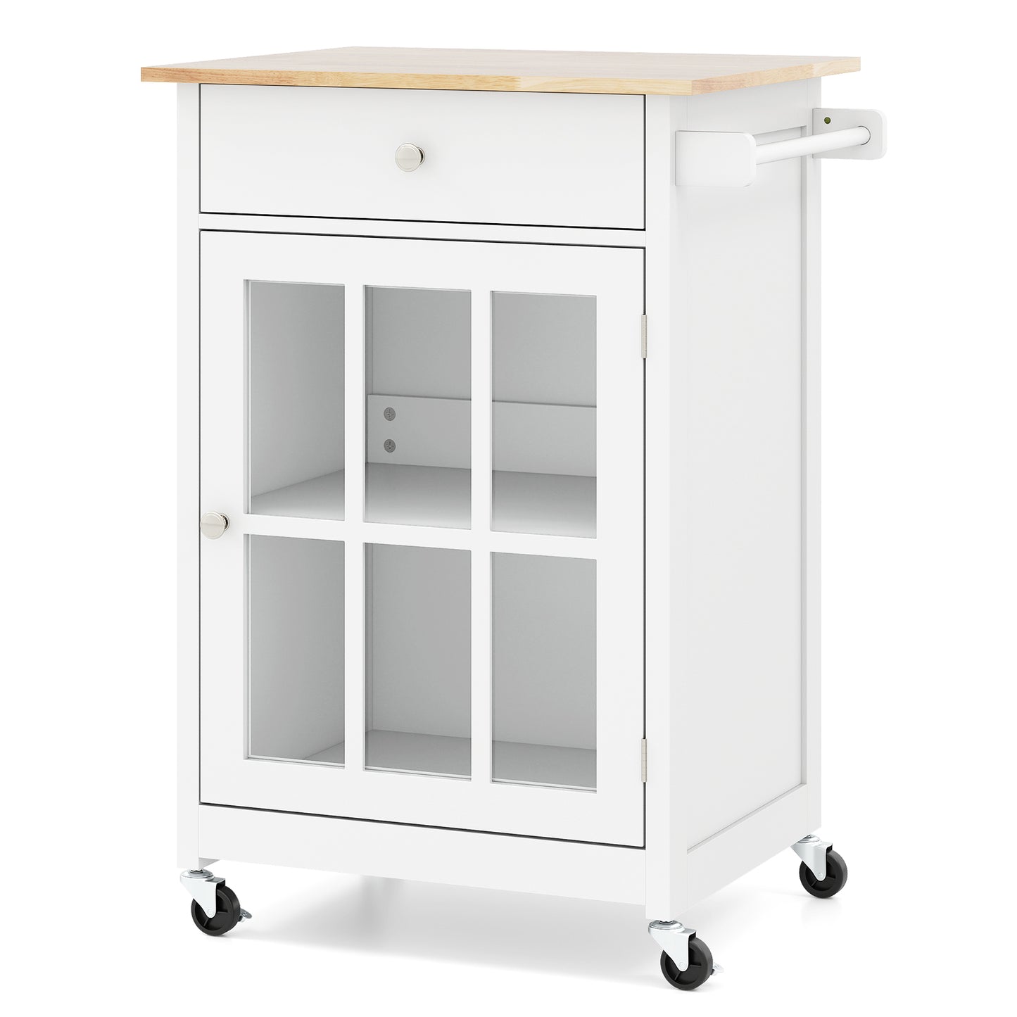 Keukentrolley – Keukenwagen – Keukenkast – Werktafel – Barwagen – Met Rubberen Houten Blad – Lockbare Zwenkwielen – Tempered Glas Deur – Verstelbare Plank – Lade – Handdoekhouder – Mobiele Werkplek 65 cm