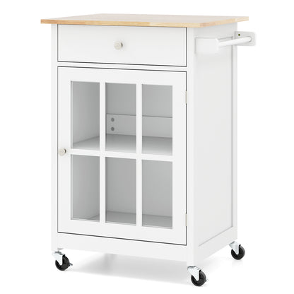Keukentrolley – Keukenwagen – Keukenkast – Werktafel – Barwagen – Met Rubberen Houten Blad – Lockbare Zwenkwielen – Tempered Glas Deur – Verstelbare Plank – Lade – Handdoekhouder – Mobiele Werkplek 65 cm