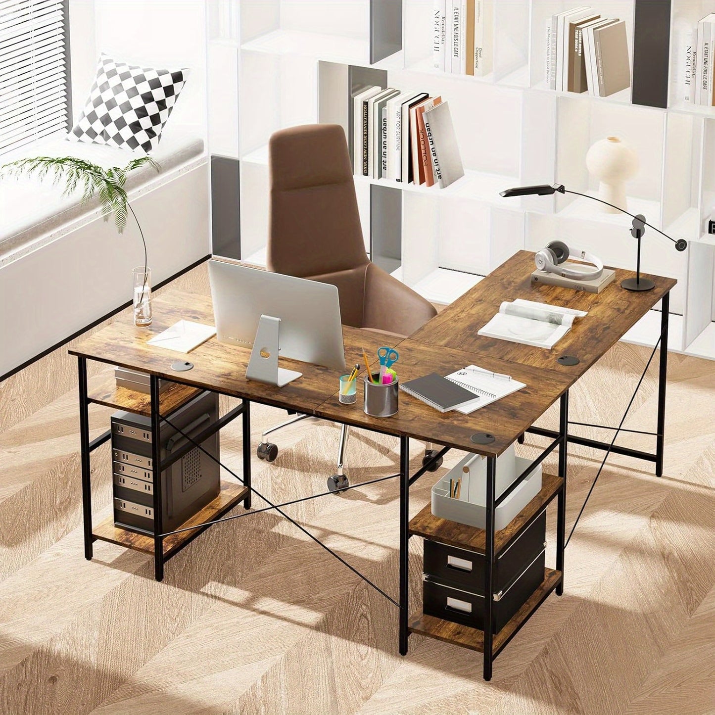 L-vormig Bureau – Hoekbureau – Computertafel – Thuiswerkplek Bureau – Bureau Met Opbergruimte – 242 cm Lang – Met Stevig Metalen Frame – Bruin Houtlook