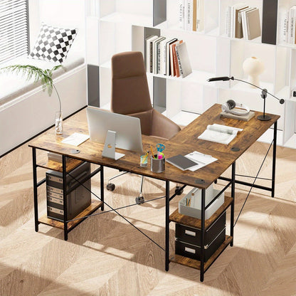 L-vormig Bureau – Hoekbureau – Computertafel – Thuiswerkplek Bureau – Bureau Met Opbergruimte – 242 cm Lang – Met Stevig Metalen Frame – Bruin Houtlook