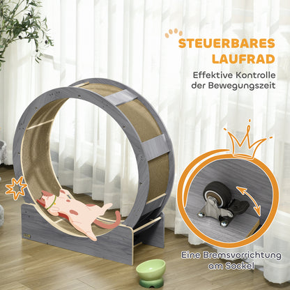 Kattenrenwiel – Kattenrad – Kattenloopwiel – Kattenwiel – Kattenren – Geluidsarme Loopvloer – Vergrendelbare Rem – Vervangbare Krabmat – Grijs – 91 cm Diameter – Geschikt Voor Katten Tot 5 kg