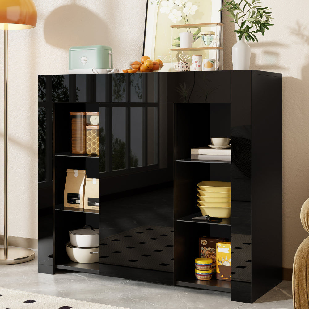 Dressoir – Opbergkast – Buffetkast – Ladekast – Wandkast – Modern Zwart – Glazen Deuren – Compact Design 95x35x83 cm – Duurzaam Zonder Elektriciteit