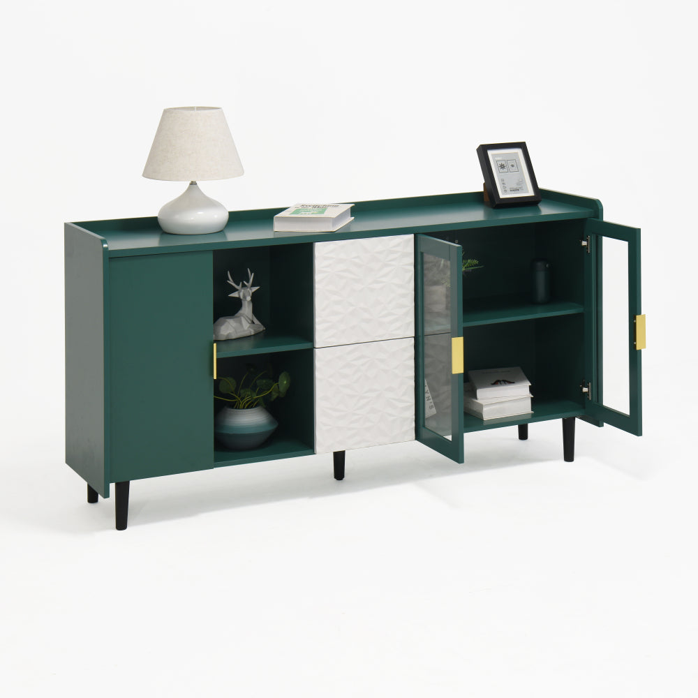 Koffiekast – Keukentrolley – Opbergkast – Koffiemeubel – Koffiebarmeubel – Mobiel met Wieltjes – Hout-Metaal – 140 cm Hoog – 2 Laden + Glazen Deuren – Groen