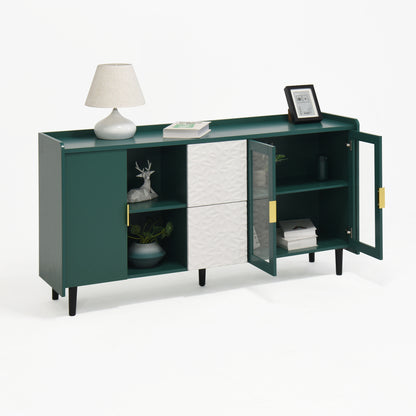 Koffiekast – Keukentrolley – Opbergkast – Koffiemeubel – Koffiebarmeubel – Mobiel met Wieltjes – Hout-Metaal – 140 cm Hoog – 2 Laden + Glazen Deuren – Groen