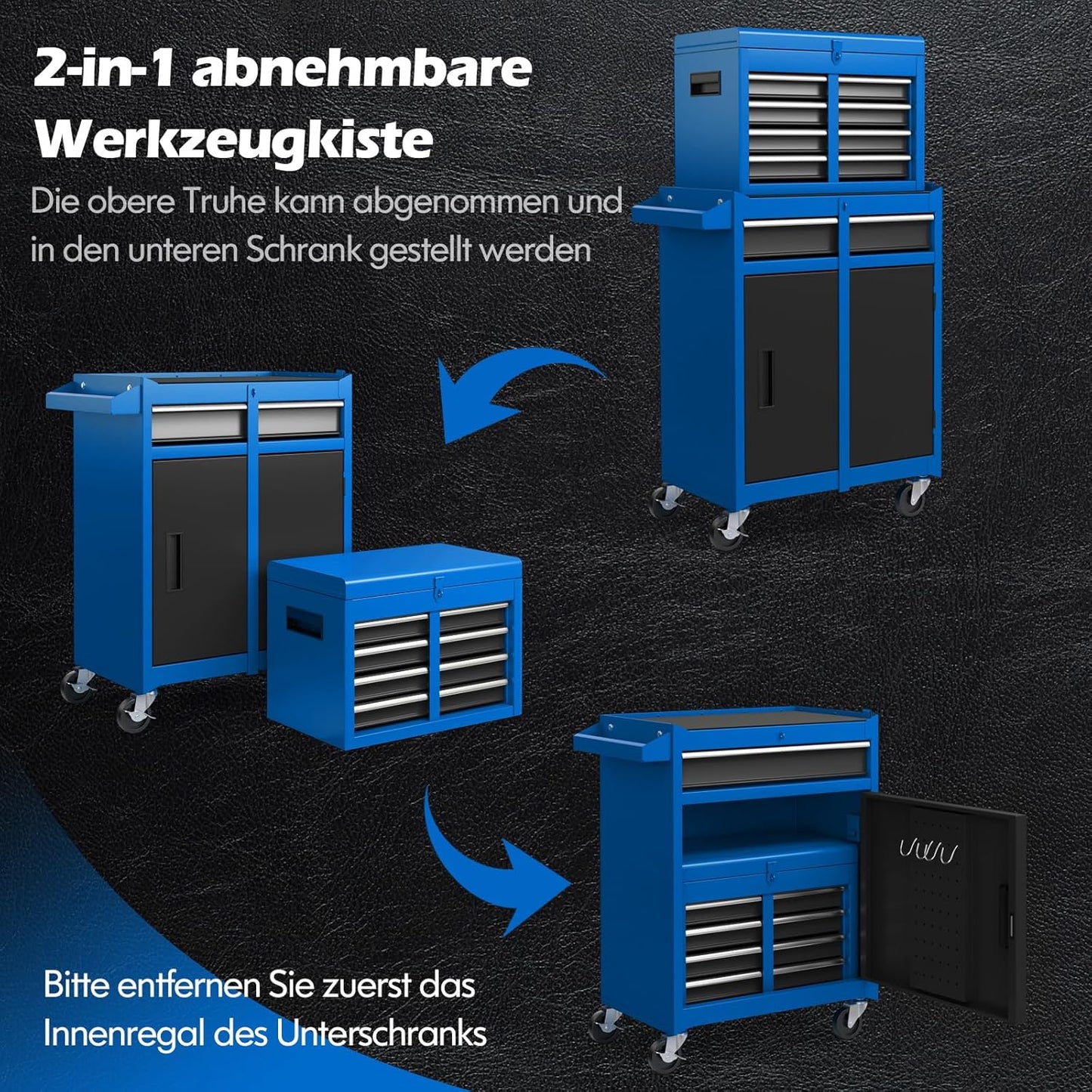 Werkplaatswagen – Gereedschapswagen – Gereedschapskast – Werkbank – Toolcart – 2-in-1 Afneembaar Ontwerp – 100 Kg Draagvermogen – Blauw – Verstelbare Plank – Vergrendelbaar