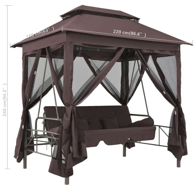 Schommelbank – Tuinschommel – Hollywoodschommel – Tuinbank – Schommelstoel – Verstelbare Luifel – Weerbestendig Stalen Frame – Inclusief 4 Comfortkussens – 220x160x240 cm – Koffiebruin