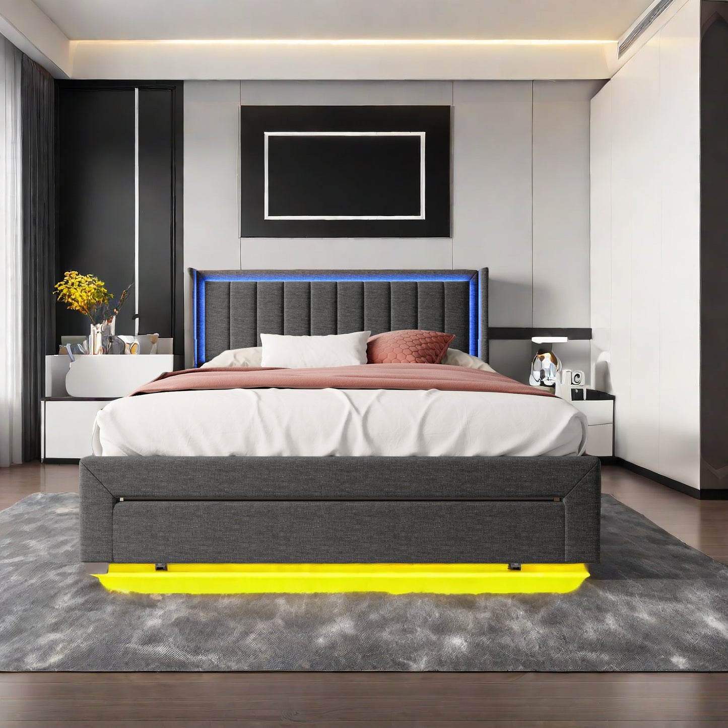 Tweepersoonsbed – Bedframe – Slaapbed – Opbergbed – Led Bed – 140 x 200 cm – Grijs Linen – Met USB-poort en Opberglade