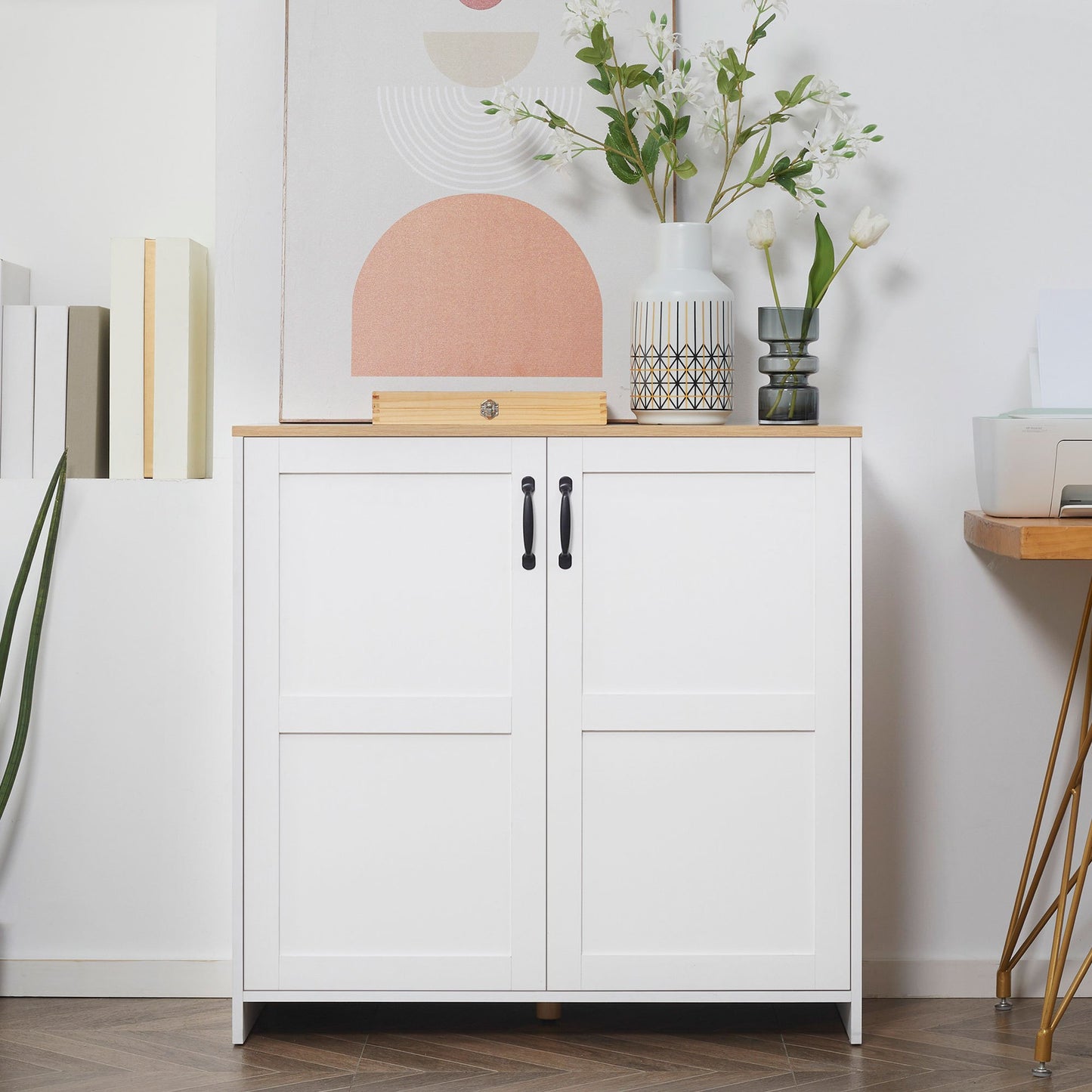 Buffetkast – Opbergkast – Dressoir – Wandkast – Keukenmeubel – Wit Met Houtlook – 90 x 39,5 x 88 cm – Twee Verstelbare Planken