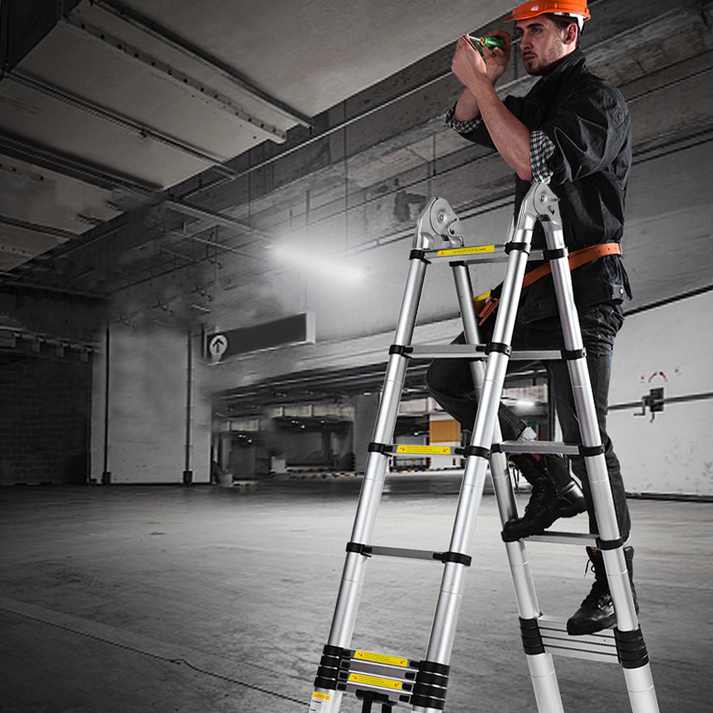 LZQ 3-Step Foldable Aluminum Extension Ladder with Non-Slip Rubber Feet, Adjustable Height & Ergonomic Handles - Lightweight Portable Design for Home, Office, Construction Use, Ladder for Home Use, Sturdy Construction