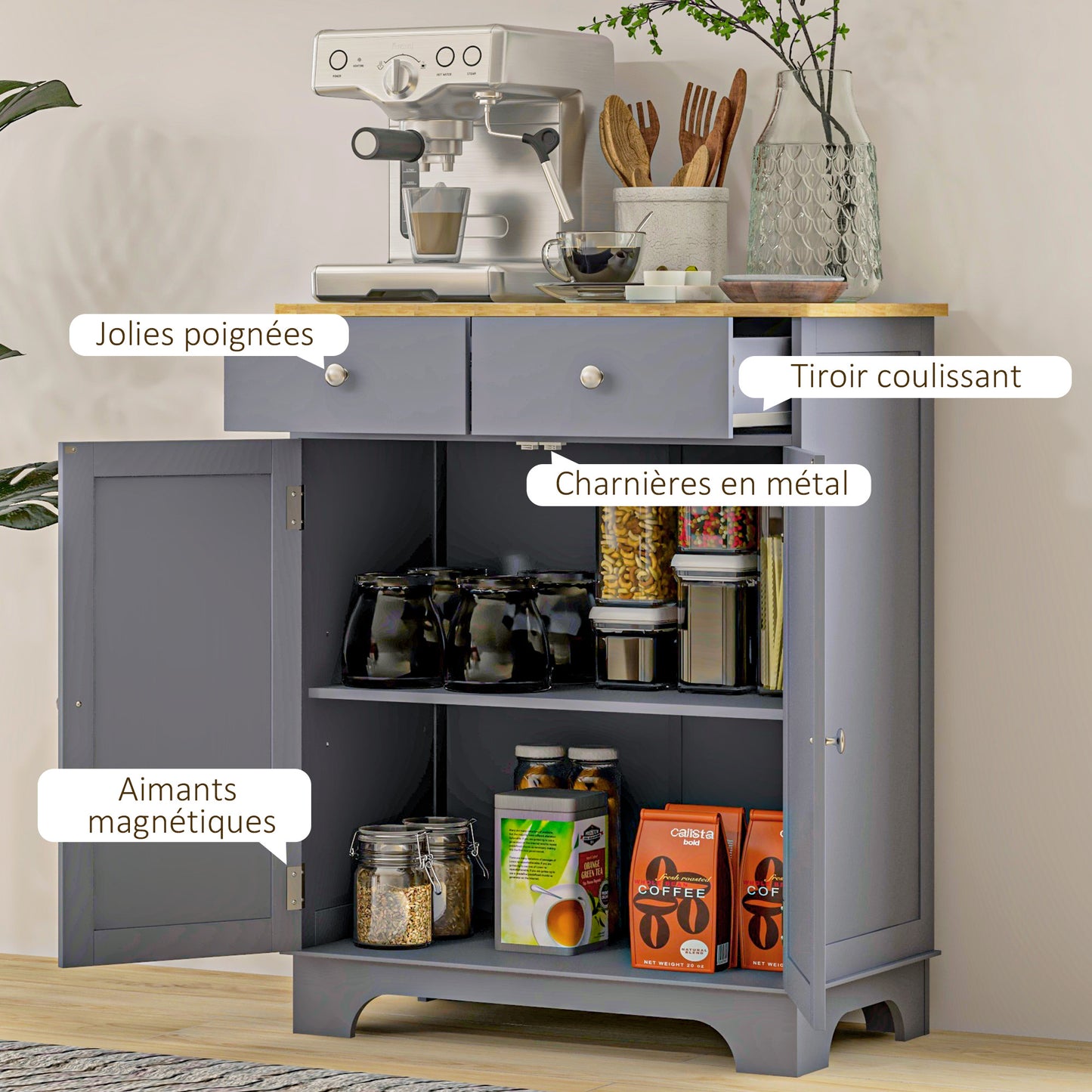 HOMCOM Multi-Storage Buffet with 2 Doors And Adjustable Shelf 2 Sliding Drawers Wooden Teak Top