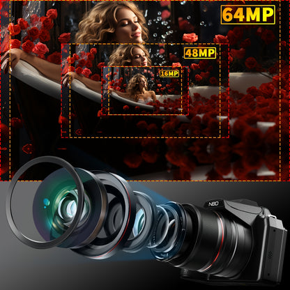 Digitale Camera – Vlogcamera – Fotocamera – Compact Camera – Zoomcamera – 64MP Sensor – 16x Optische Zoom – 180° Kantelbaar Scherm – WiFi & App-bediening – Zwart