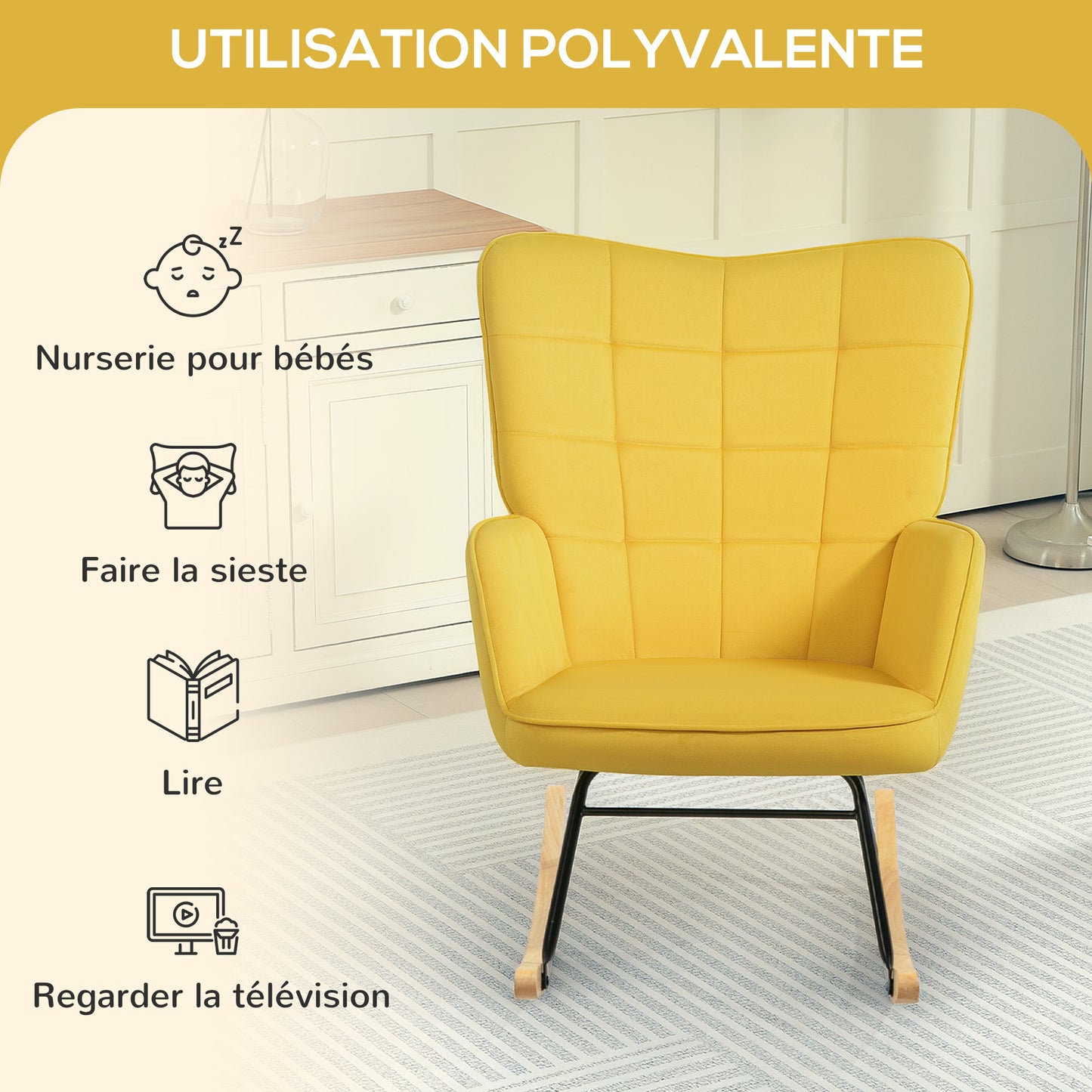 Schommelstoel – Rocking Chair – Wiegstoel – Relaxstoel – Voedingsstoel – Fluweel Bekleding – Stalen Frame Met Massief Houten Poten – Geel