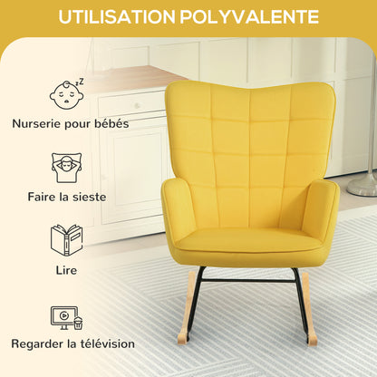 Schommelstoel – Rocking Chair – Wiegstoel – Relaxstoel – Voedingsstoel – Fluweel Bekleding – Stalen Frame Met Massief Houten Poten – Geel