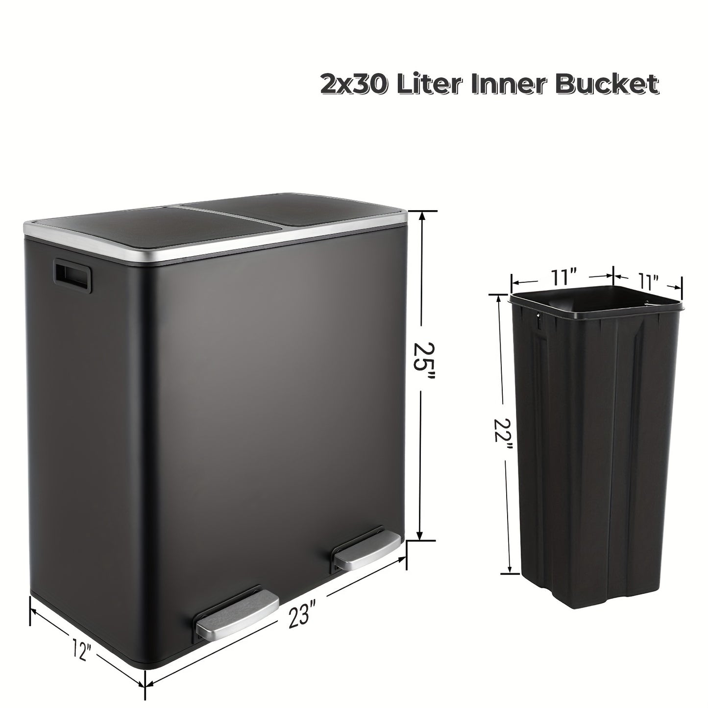 Prullenbak – Afvalbak – Vuilnisbak – Pedaalemmer – Afvalscheidingsprullenbak – 60 Liter – Met Dubbele Compartimenten – Soft Close Deksel – Matzwart