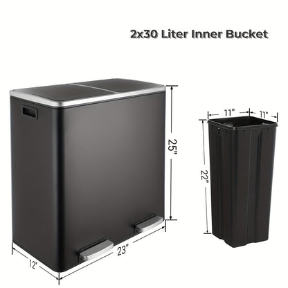 Prullenbak – Afvalbak – Vuilnisbak – Pedaalemmer – Afvalscheidingsprullenbak – 60 Liter – Met Dubbele Compartimenten – Soft Close Deksel – Matzwart