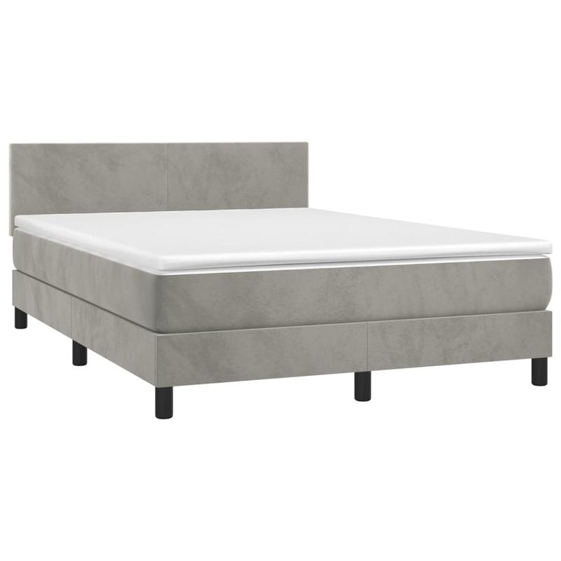 Modern Light Gray Queen Size Box Spring Bed with Mattress - Low-Profile Bed Frame, Fire-Resistant, Easy Assembly, Soft Fabric-like Upholstery & Sturdy System (140x190cm) for Single/Double Bed Compatibility