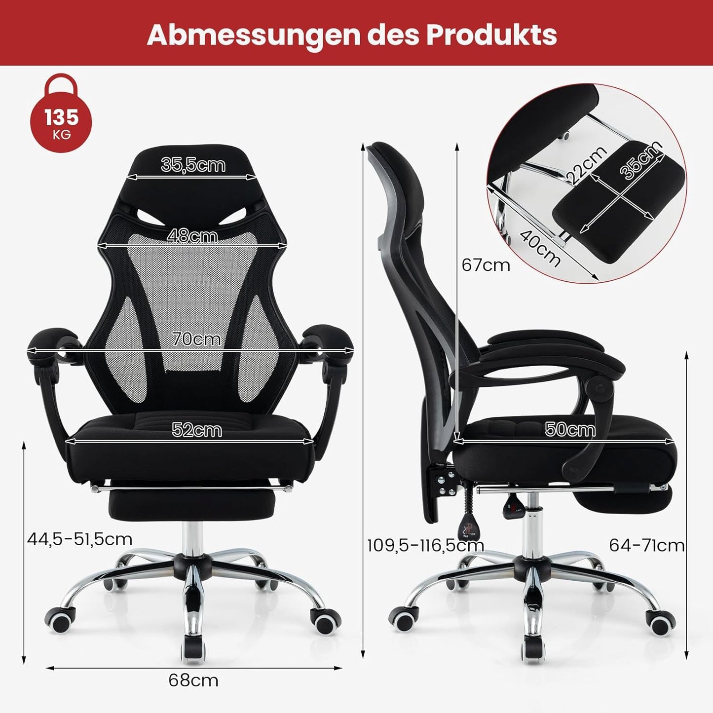 Ergonomische Bureaustoel – Bureaustoel Kantoorstoel Werkstoel Computestoel – Verstelbare Rugleuning – Uittrekbare Voetensteun – In hoogte Verstelbare Hoofdsteun – Mesh Stof – Zwart