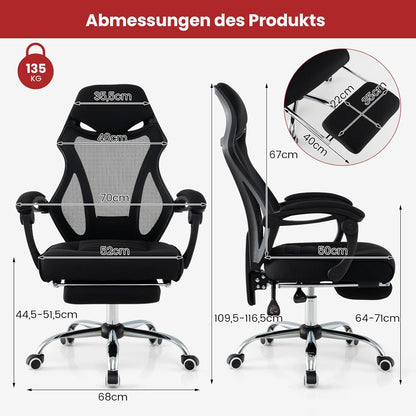 Ergonomische Bureaustoel – Bureaustoel Kantoorstoel Werkstoel Computestoel – Verstelbare Rugleuning – Uittrekbare Voetensteun – In hoogte Verstelbare Hoofdsteun – Mesh Stof – Zwart