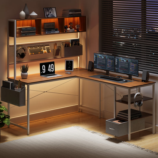 Modern metalen bureau – L-vormig bureau – Hoekbureau – Computertafel – Werkplek bureau – Met opbergplank – Stevig metalen frame – Ruimtebesparend ontwerp – Bruin