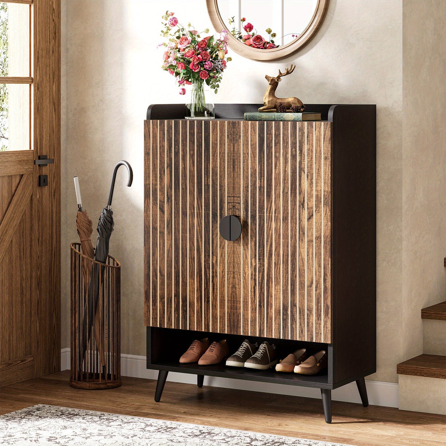 Schoenenkast – Schoenopberger – Schoenenrek – Schoenenschuifkast – Schoenmeubel – Rustic Brown Zwarte Afwerking – 6 Laags Met 3 Lades En 2 Deuren – Massief Hout En Kunststof Board – Compact 68,5 cm Hoogte