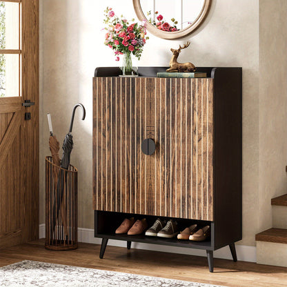 Schoenenkast – Schoenopberger – Schoenenrek – Schoenenschuifkast – Schoenmeubel – Rustic Brown Zwarte Afwerking – 6 Laags Met 3 Lades En 2 Deuren – Massief Hout En Kunststof Board – Compact 68,5 cm Hoogte