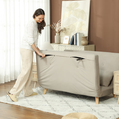 Slaapbank – Bedbank – Slaapbankje – Uitklapbank – Veloursbank – Beige – Incl. 2 Kussens – Compact 130x78x79 cm