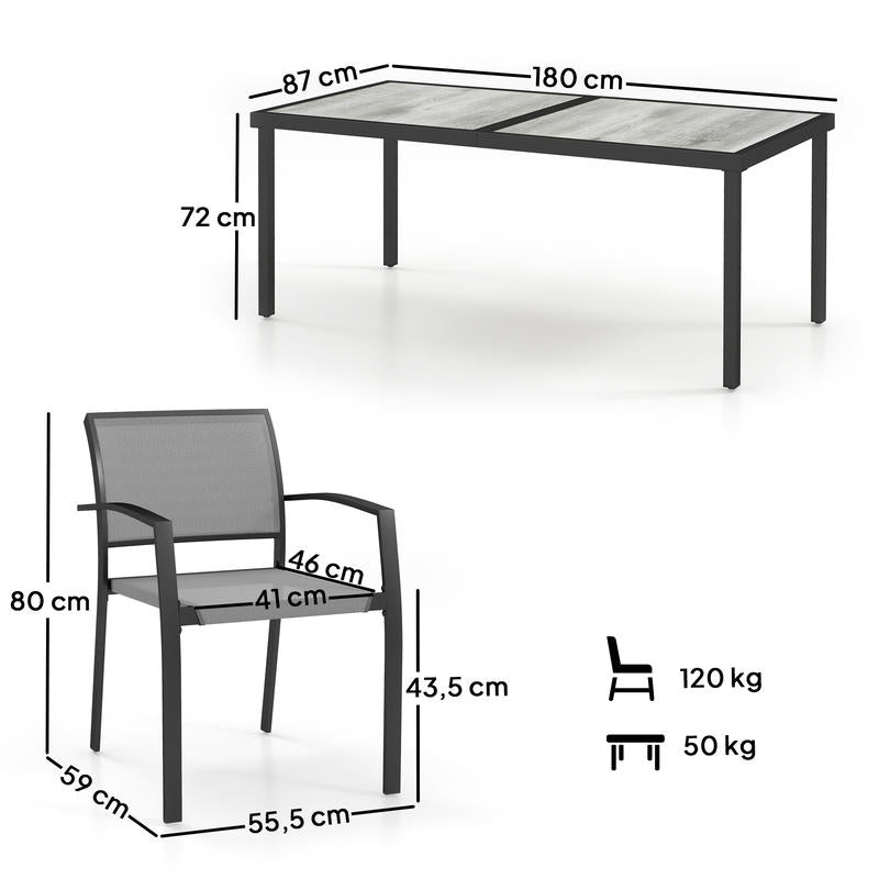 7-Teiliges Ess-Set, 6 Stühle, 1 Tisch, Stapelbar, Leicht Zu Reinigen, Stahlrahmen, Gartenmöbel-Set, Grau, Garten-Bistro-Esstisch Und Stühle, Langlebig Und Leicht Zu Reinigen