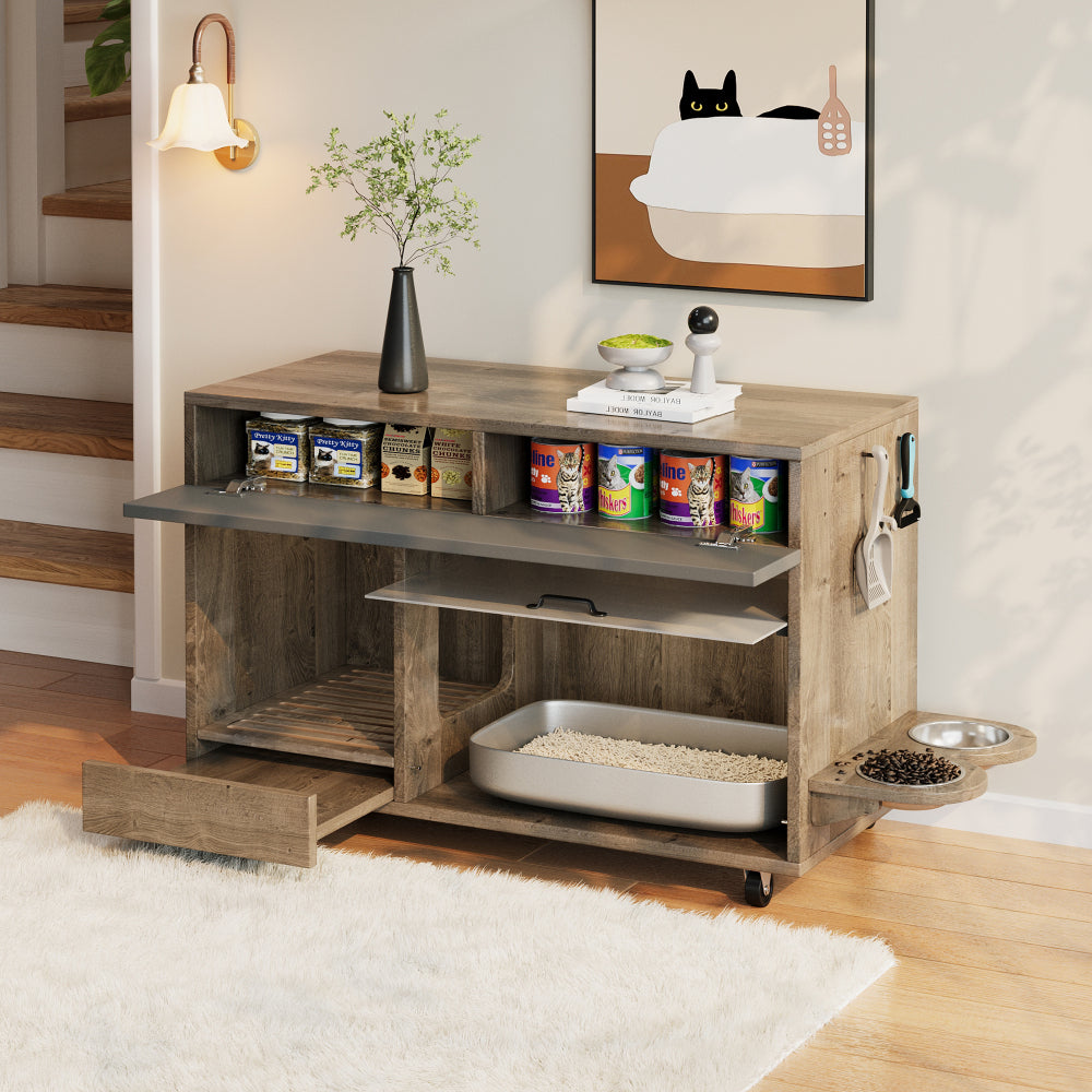Dressoir Voor Katten – Opbergmeubel – Kast – Kattenvoerhouder – Kattenbakmeubel – Natuurlijk Kleur – Ruimtebesparend – Geperforeerde Zijpanelen