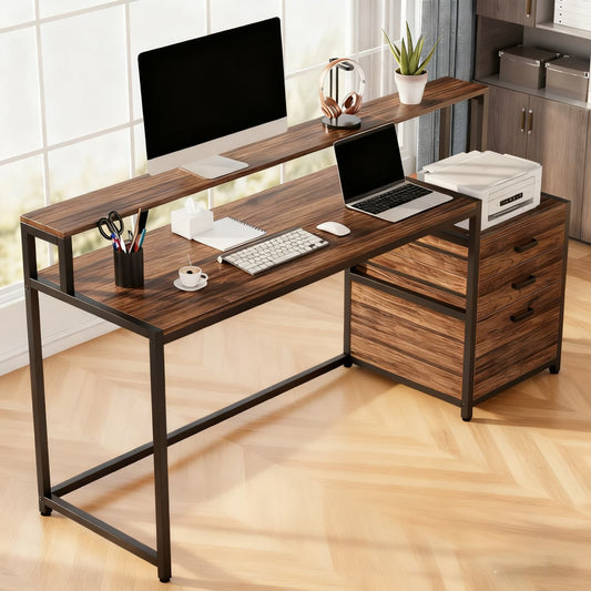 Ergonomisch Bureau – Computertafel – Werkplek Meubel – Bureau Met Opbergruimte – Vintage Bureau Rustiek Bruin – Verhoogde Monitorstandaard – Ruime Werkblad 114,3x50 cm