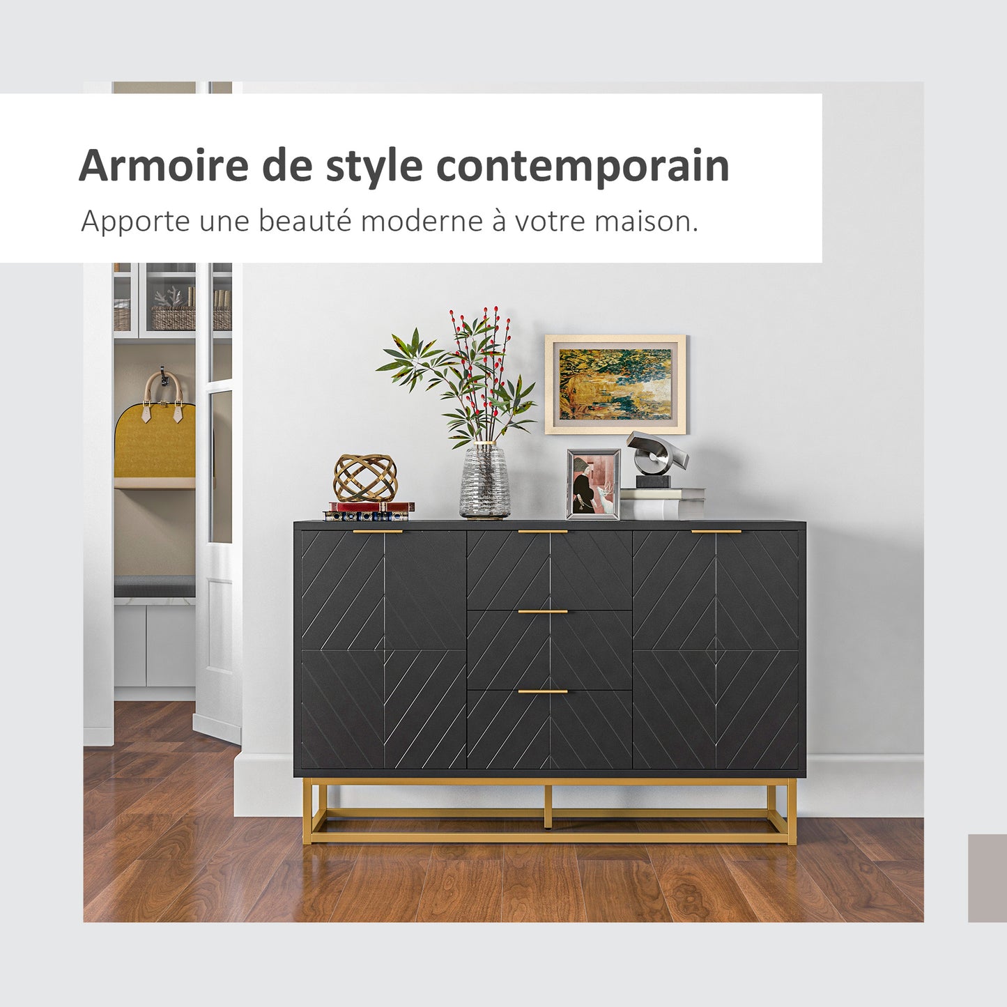 Buffet – Dressoir – Opbergkast – Sideboard – Zwarte houtlook met gouden accenten – Verstelbare planken en 3 schuifladen – Krasbestendig MDF – Anti-kantel veilig