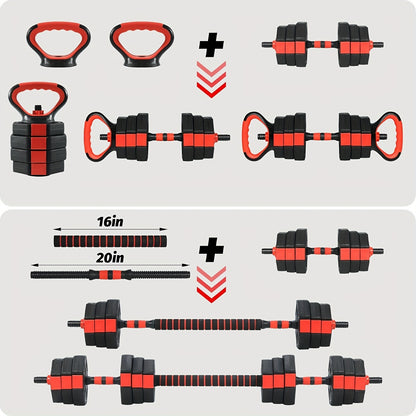 Verstelbare Dumbbell – Halter – Kettlebell – Push-Up Stand – Dumbbellset – 1,8 tot 19,96 kg – Duurzaam PE & IJzer – Ruimtebesparend en Antislip