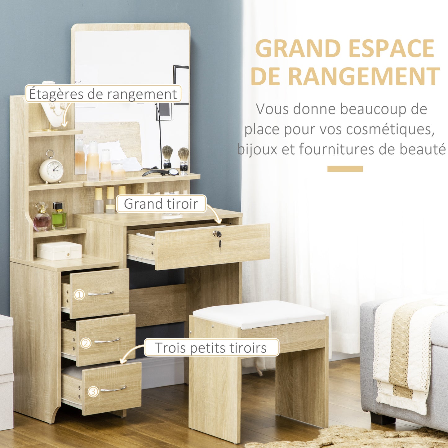Dressing Table – Kaptafel – Make-up Tafel – Schminktafel – Toilette – Grote Spiegel – 4 Lades & Open Opbergruimte – Natuurlijk Hout