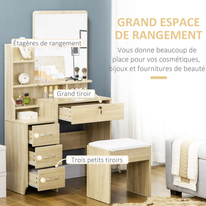 Dressing Table – Kaptafel – Make-up Tafel – Schminktafel – Toilette – Grote Spiegel – 4 Lades & Open Opbergruimte – Natuurlijk Hout