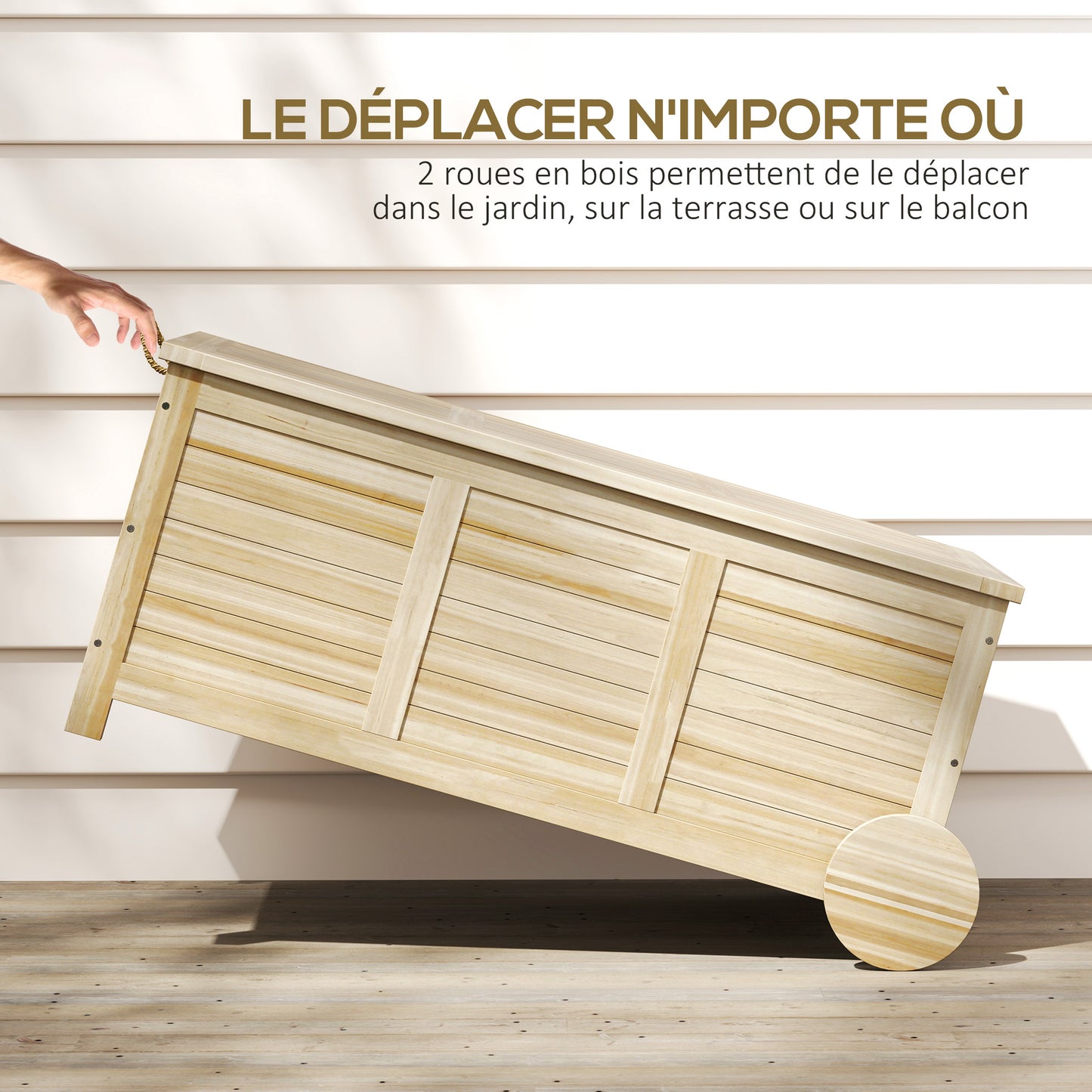 Outsunny Outdoor Storage Chest, Wooden Storage Crate, 185L, with Casters and Weatherproof Interior Cover, 110 x 50 x 50 cm, Natural Wood