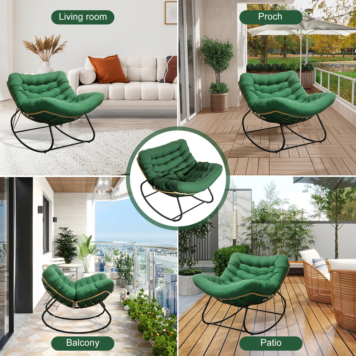 Relaxstoel – Schommelstoel – Fauteuil – Loungestoel – Ligstoel – Oversized Design – Versterkt Stalen Frame – Comfortabel Polyester Kussen - Groen