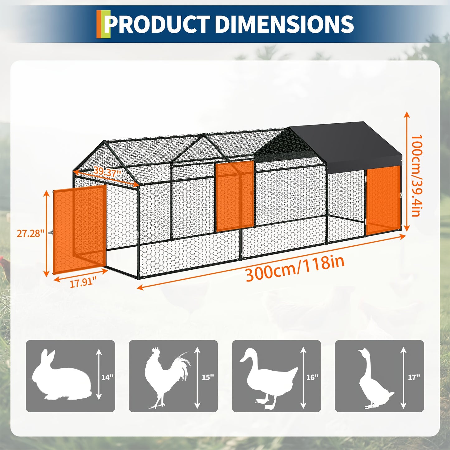 Extra Large Heavy-Duty Metal Chicken Coop with Waterproof UV-Resistant Roof - Extra Long 3.05meter (3.05meter) Run, Walk-In Door & Internal Partition - Spacious 101.6cmWx101.6cmH Poultry Cage for Chickens, Ducks, Geese, Rabbi
