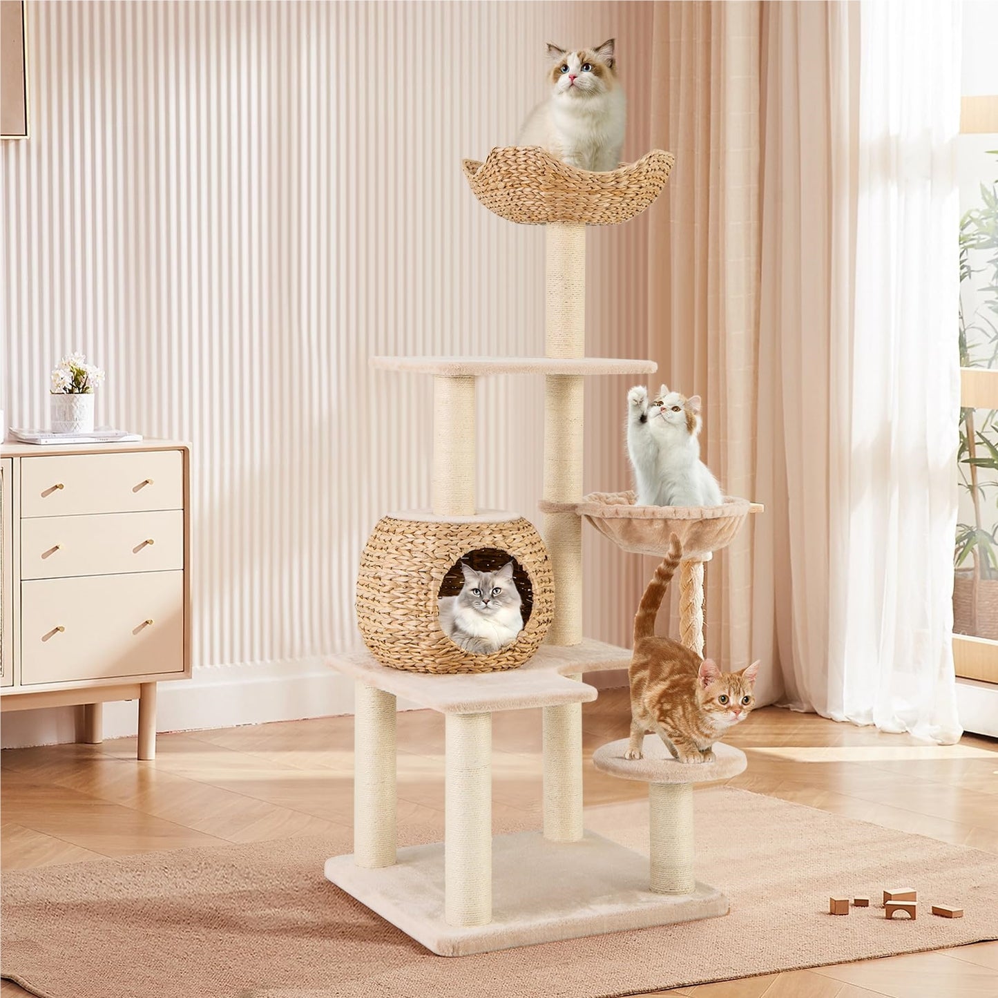 Krabpaal – Kattenkrabpaal – Kattenboom – Krabmeubel – Kattenhuis – 150 cm Hoog – Natuurlijk Riet en Sisal