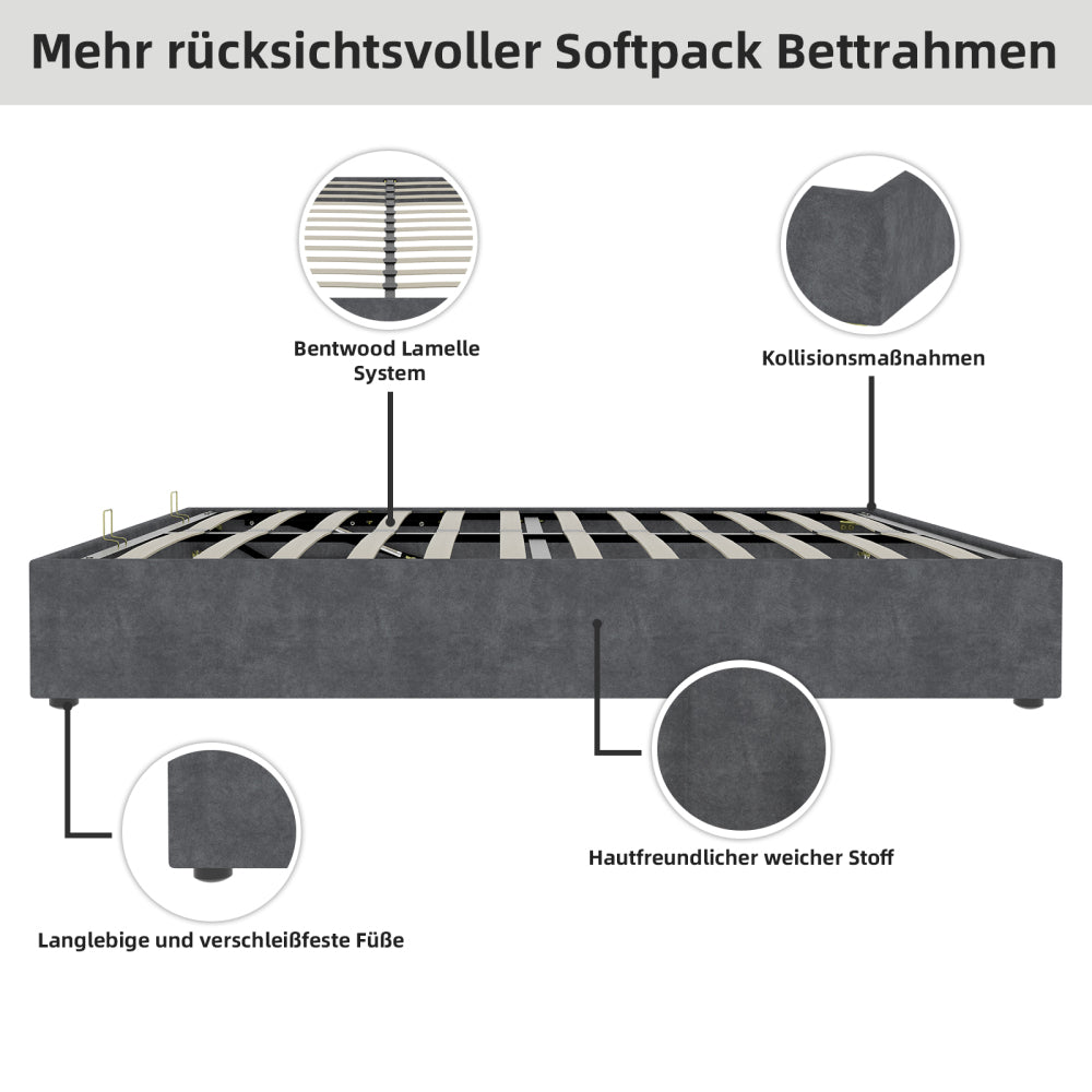 Bedframe – Bedframe Met Opbergruimte – Platformbed – Slaapkamerbed – Boxspringbed – Grijs/Beige Fluwelen Bekleding – Gasveer Ondersteuning – Geschikt Voor Matras 140x200 cm