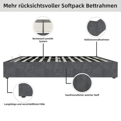 Bedframe – Bedframe Met Opbergruimte – Platformbed – Slaapkamerbed – Boxspringbed – Grijs/Beige Fluwelen Bekleding – Gasveer Ondersteuning – Geschikt Voor Matras 140x200 cm