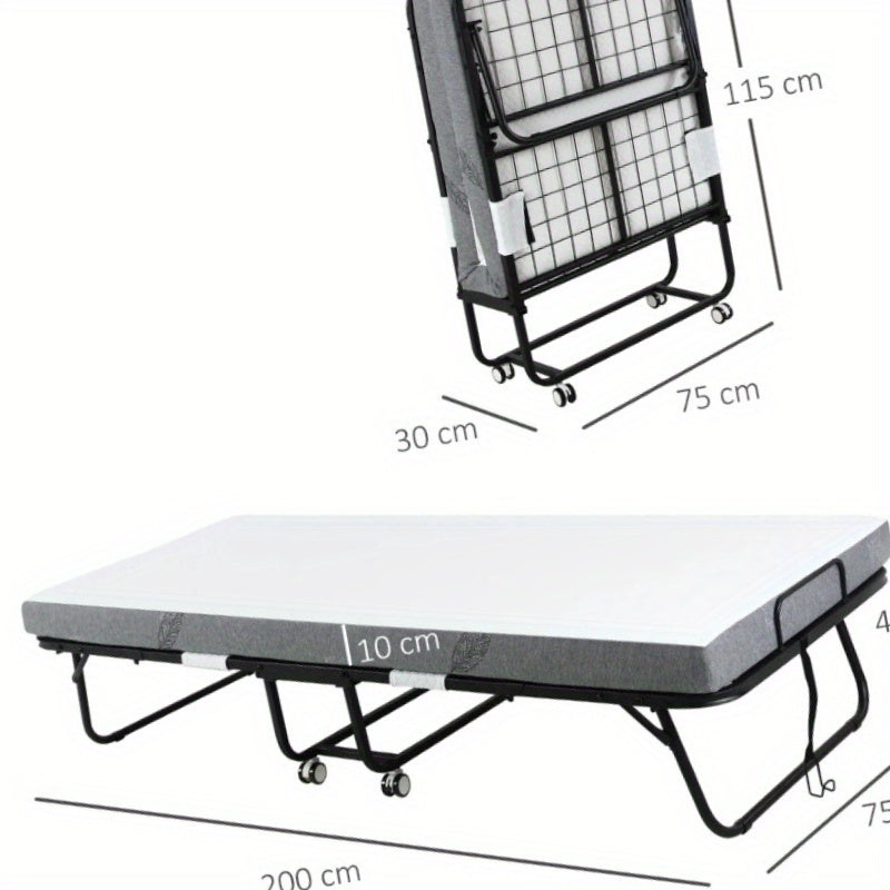 Inklapbaar Logeerbed – Opklapbed – Gastbed – Vouwbed – Logeerbed Met Wielen – Wit/Zwart – Stalen Frame – Comfortabel Schuimmatras 200x75x42,5 cm
