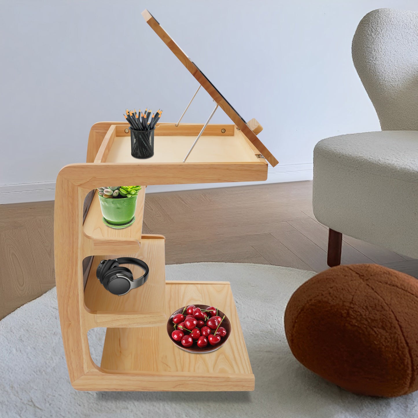 TOOL1SHOOO Modern C-Shaped Pulley Side Table with Lockable Castors, 4-Tier Storage Shelf & Adjustable Tabletop - Heavy-Duty Wooden Mobile Cart with Smooth-Glide Mechanism, Space-Saving Design for Living Room, Bedroom, Home Of