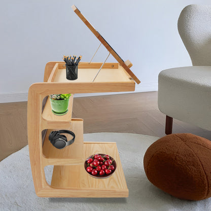 TOOL1SHOOO Modern C-Shaped Pulley Side Table with Lockable Castors, 4-Tier Storage Shelf & Adjustable Tabletop - Heavy-Duty Wooden Mobile Cart with Smooth-Glide Mechanism, Space-Saving Design for Living Room, Bedroom, Home Of