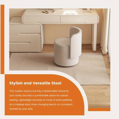 Dressoirstoel – Draaikruk – Make-up Stoel – Bureaustoel – Fauteuil – 360° Draaibaar – Zacht Kussen – Compact Rond Design – Beige Grijs – Met Rugleuning en Voetensteun
