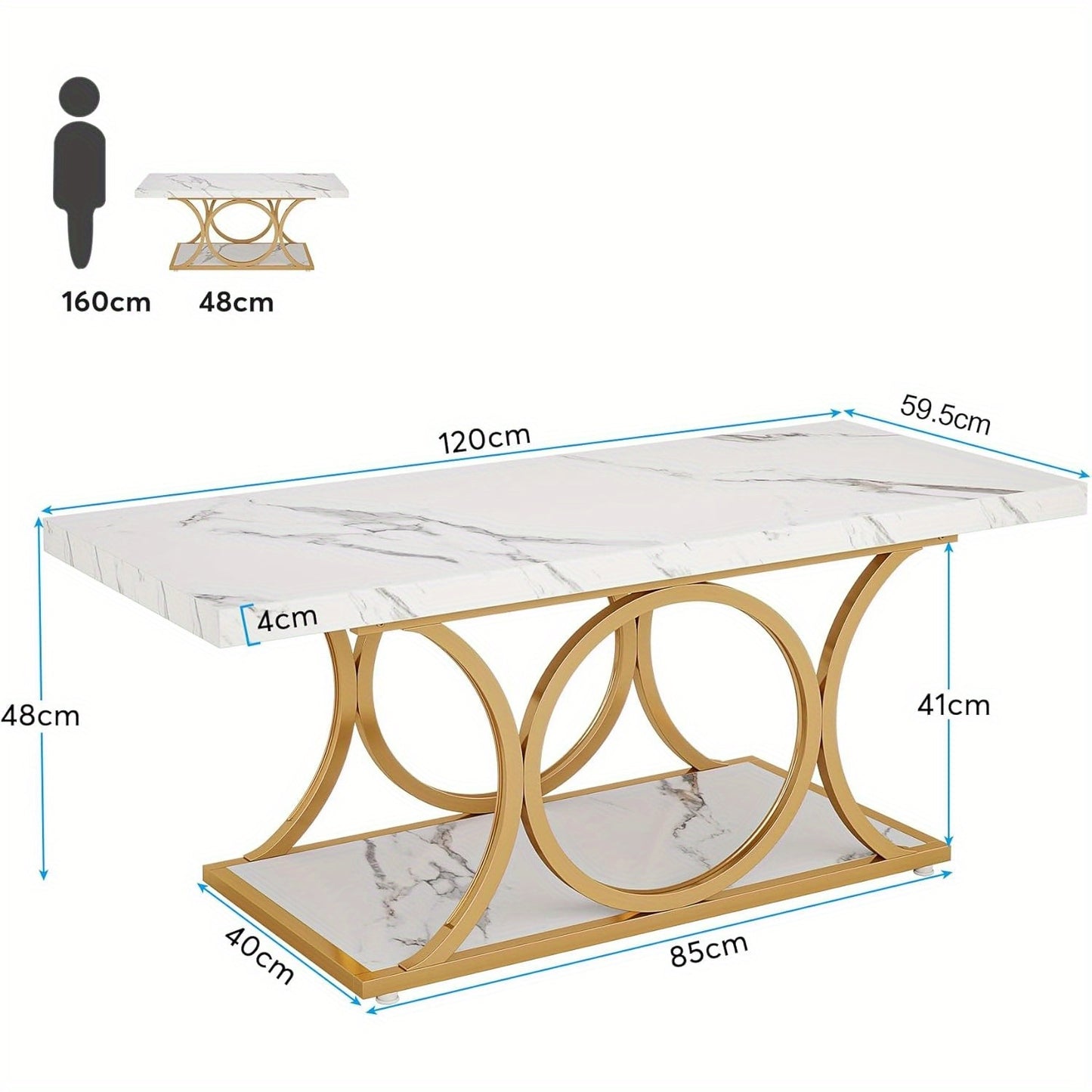 Salontafel – Woonkamertafel – Bijzettafel – Koffietafel – Lounge tafel – 120 cm Wit Goud – Nepmarmeren Blad – Opbergruimte & Geometrisch Metaalframe