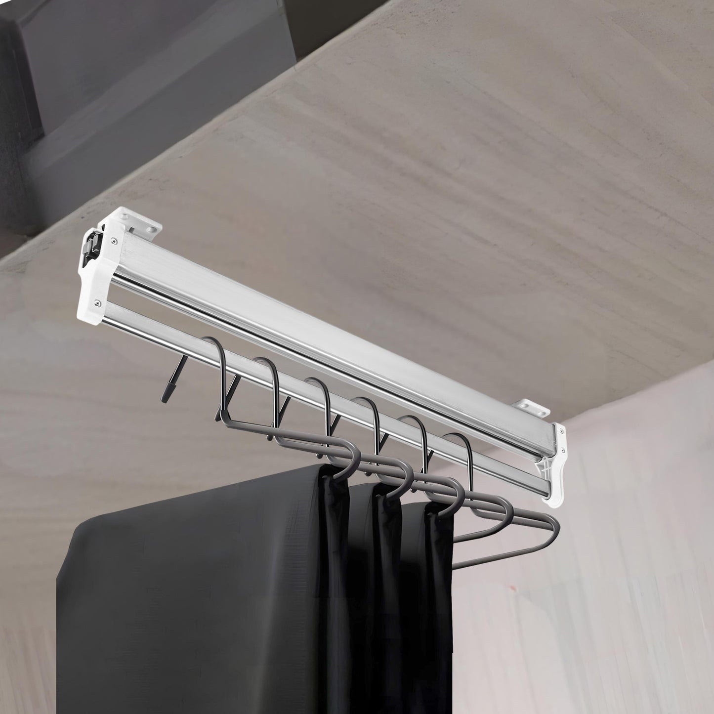 Adjustable Hanging Sliding Rail Clothing Rack with Heavy-Duty Carbon Frame - Extends 53.34-109.22 cm Length, 55 Weight Capacity Wardrobe System for Hanging Pants, Skirts, Scarves - Space-Saving Vertical Storage Organizer