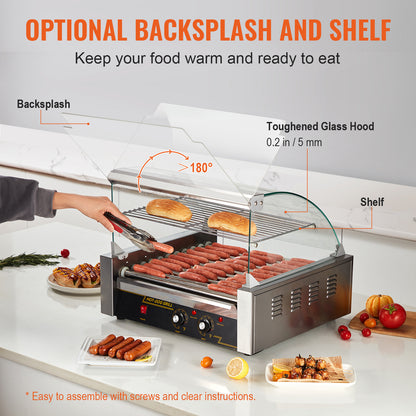 Hotdog Grill – Hotdog Roller – Worstjes Grill – Snackgrill – Elektrische Hotdog Maker – 11 Rollers Voor 30 Hotdogs – Professioneel RVS Met Temperatuurregeling Tot 250°C